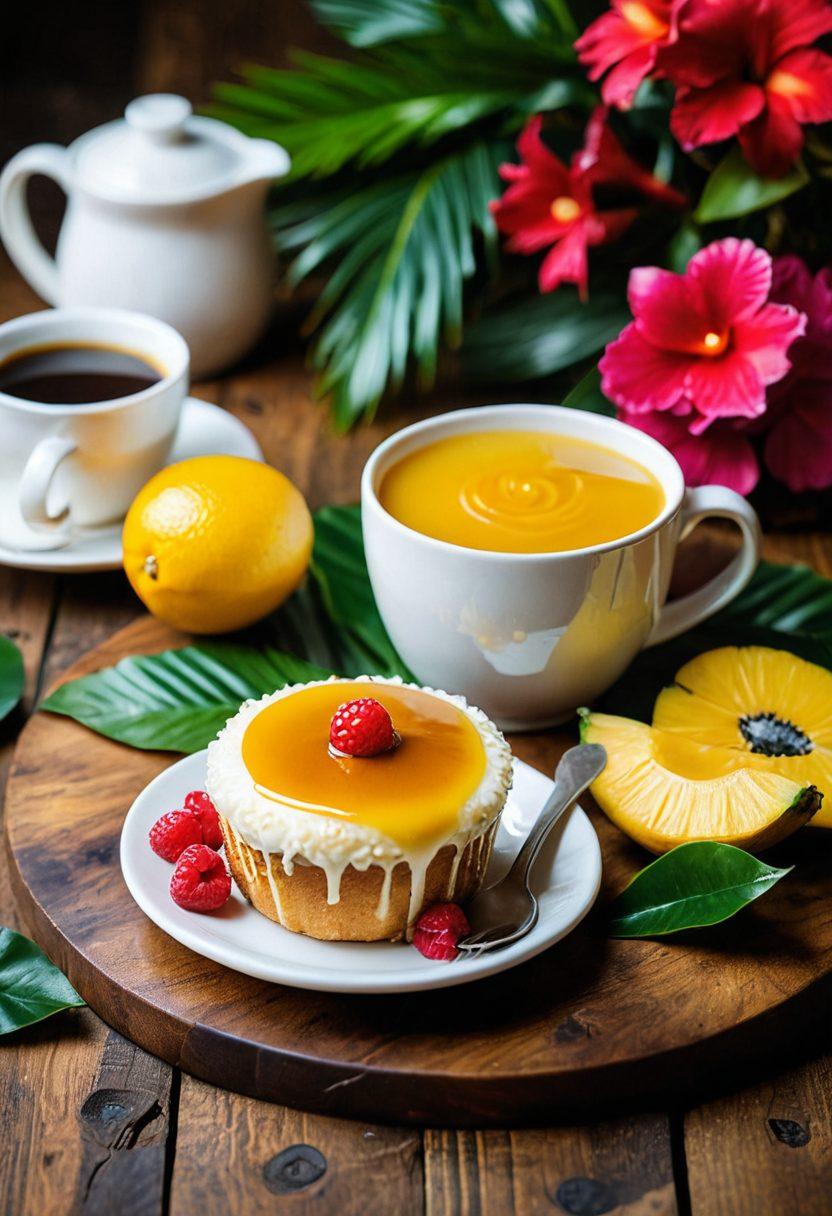 An enticing, close-up shot of a silky Brazilian pudim, glazed to perfection and topped with caramel sauce, elegantly placed on a rustic wooden table adorned with tropical fruits and vibrant flowers. Soft, warm lighting enhances the dessert's creamy texture while a handwritten recipe card and a coffee cup sit in the background, evoking a cozy, inviting atmosphere. lush greenery in the backdrop subtly hints at Brazil's natural beauty. super-realistic. vibrant colors. warm lighting.