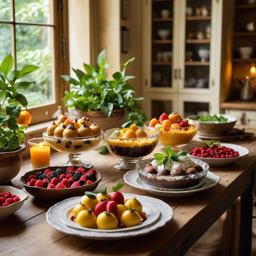 A beautifully set dining table featuring an assortment of decadent puddings in elegant glass bowls, surrounded by fresh fruits and mint leaves. Soft golden lighting casts a warm glow, evoking a cozy atmosphere. Include a rustic kitchen backdrop with cookbooks and utensils. The scene should feel inviting and indulgent. super-realistic. warm tones. evocative lighting.