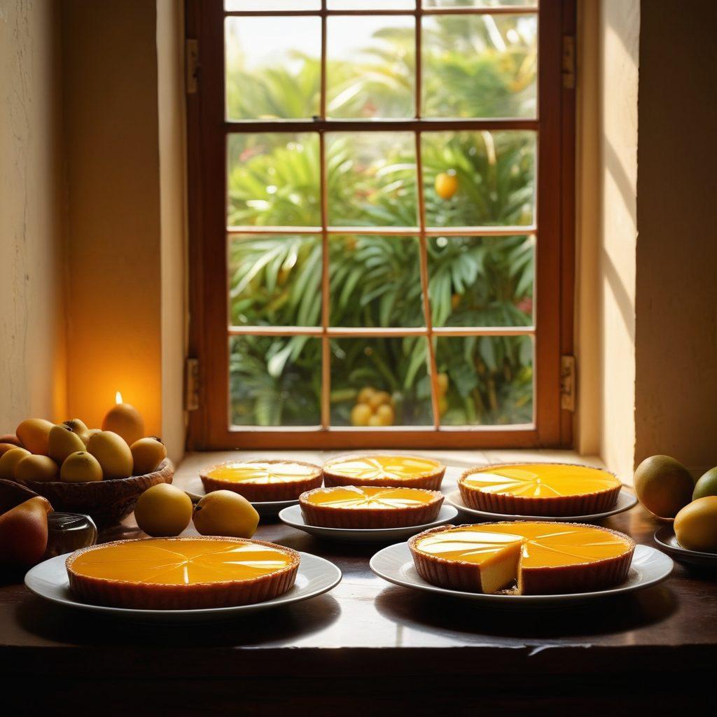 A beautifully arranged Brazilian kitchen scene featuring a skilled chef delicately preparing gourmet flan, surrounded by traditional ingredients like condensed milk, eggs, and sugar. Show a rich caramel drizzle cascading down the flan, bright tropical fruits adding vibrant colors nearby, and a cozy late afternoon light filtering through a window. Capture the essence of culinary tradition and a touch of modern elegance. super-realistic. vibrant colors. warm lighting.